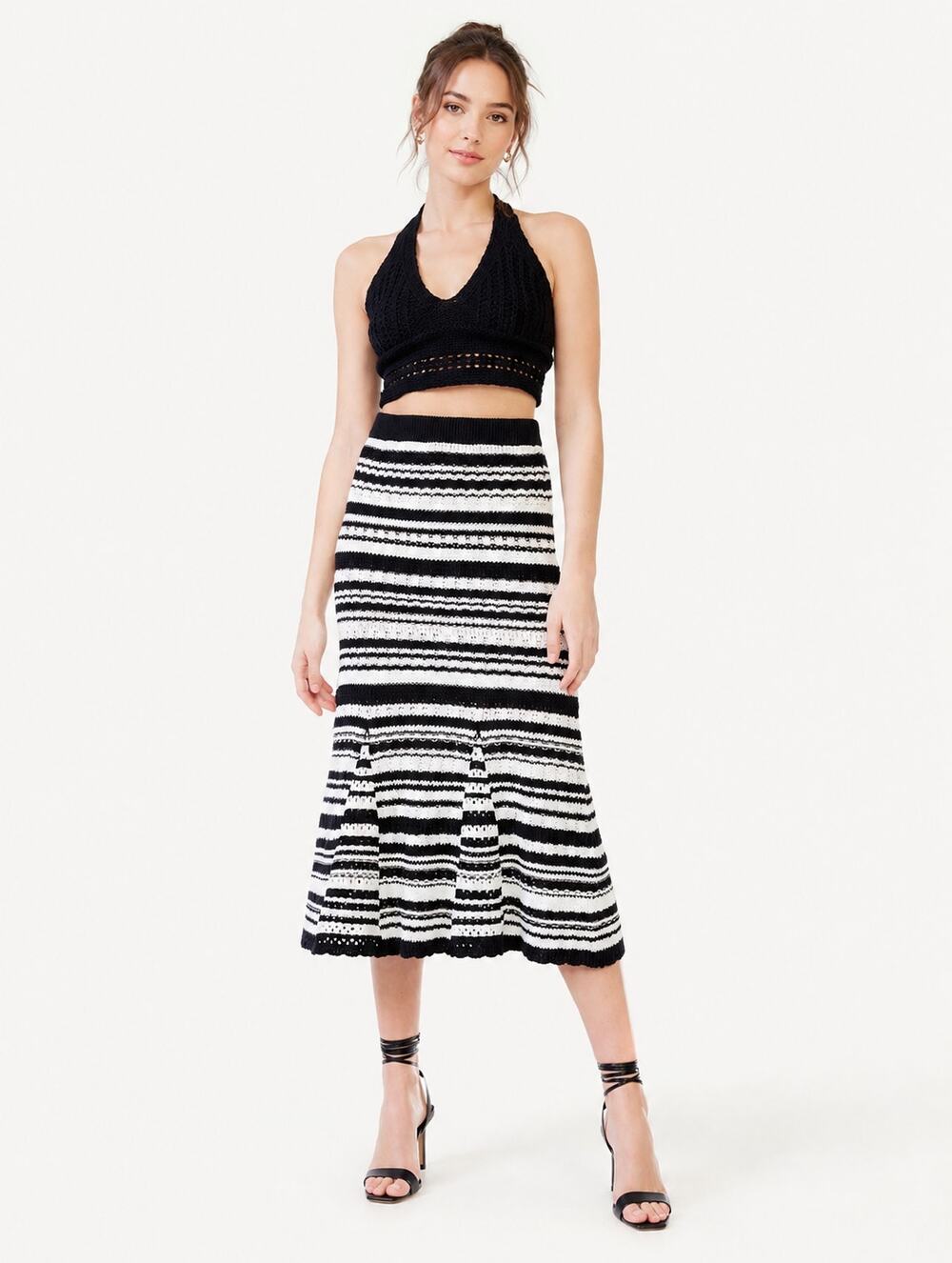 Scoop Pull On Crochet Striped Midi Skirt Womens Size XXL 20 Black White Boho